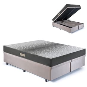Cama Baú Casal 138x188 Bipartido Suede Bege com Dual Firm Espuma Ecoflex