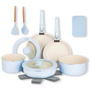 Jogo de Panelas e Frigideiras Antiaderentes, 18 Peças com Cabo Removível e Utensílios de Cozinha Incluso, GOTHAM STEEL, Azul