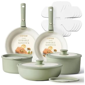 Jogo de Panelas CAROTE, Jogo de Utensílios de Cozinha Antiaderente com Cabo Removível, 15 peças Verde Sálvia