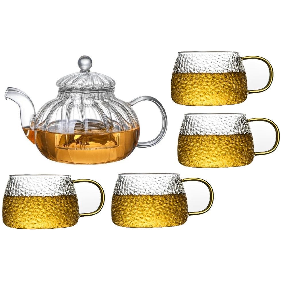 Kit Chaleira Sofisticada 1L com 4 Xícaras 350ml de Vidro Borossilicato
