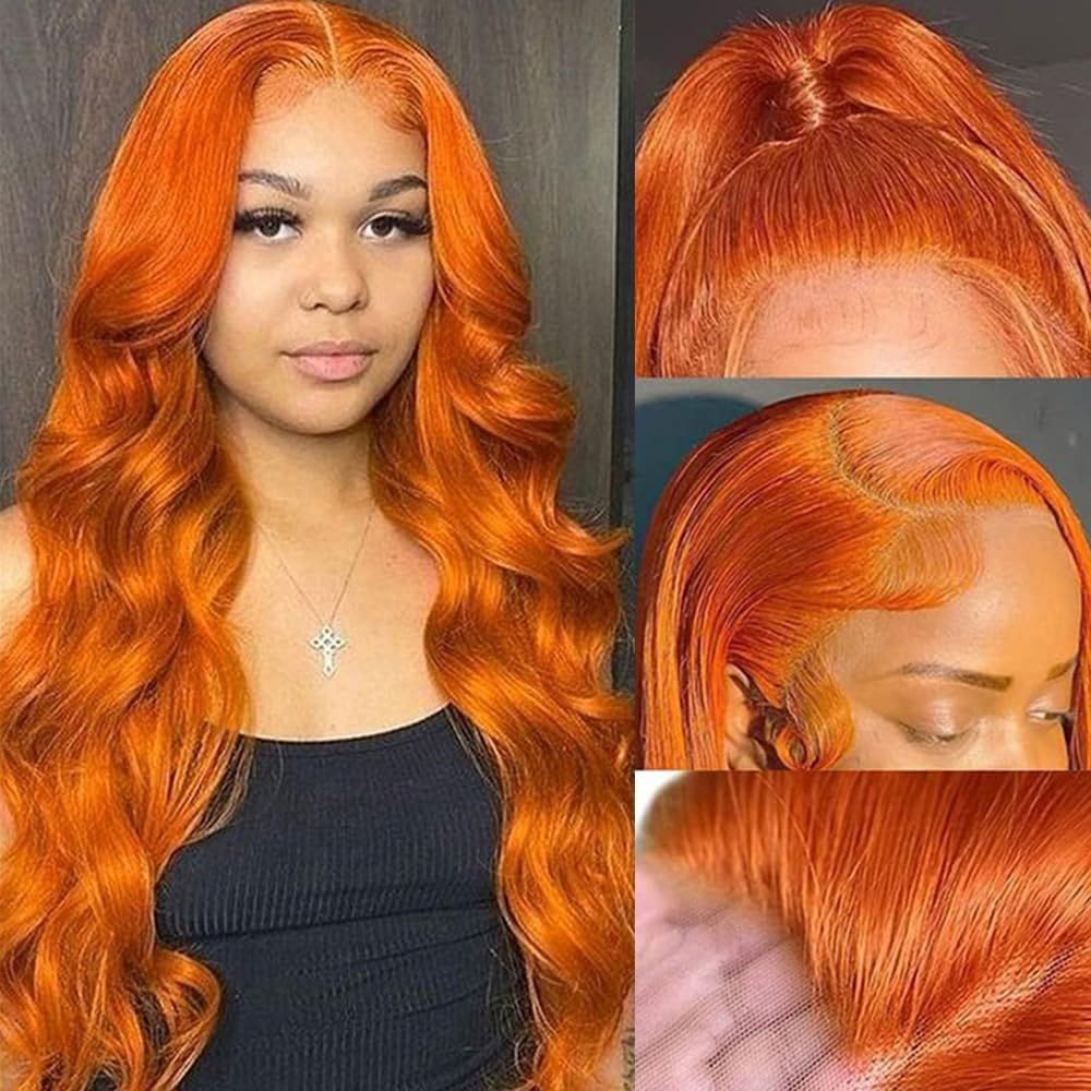 #350 Perucas frontais de renda laranja gengibre, cabelo humano, onda corporal, 55 cm