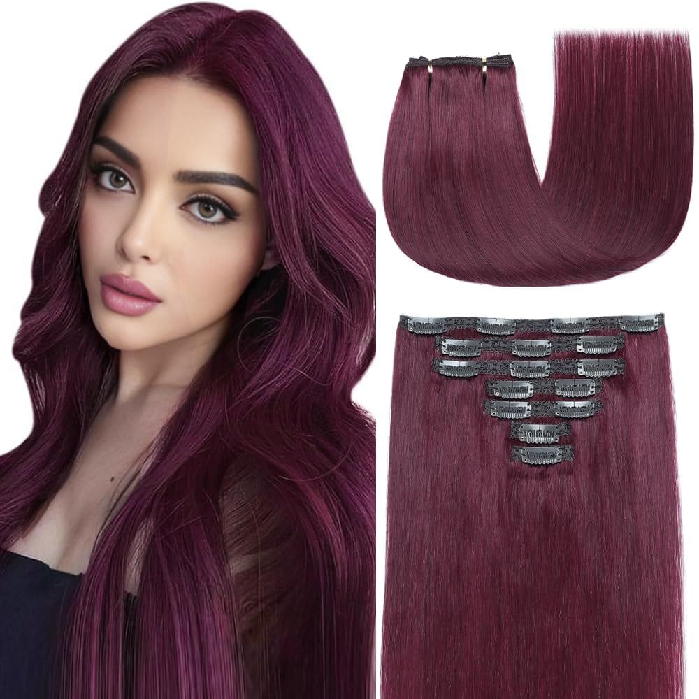 Extensões de cabelo YNSNR 18 polegadas 120g 7 unidades 99J Burgundy Remy Hair