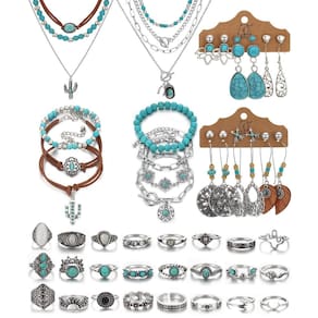 Conjunto de joias IFKM Silver Bohemian com turquesa para mulheres, 50 unidades