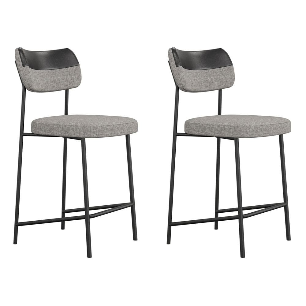 Kit 02 Banquetas Médias Cozinha Lila com Encosto Couríssimo Preto Linho Cinza - Desk Design