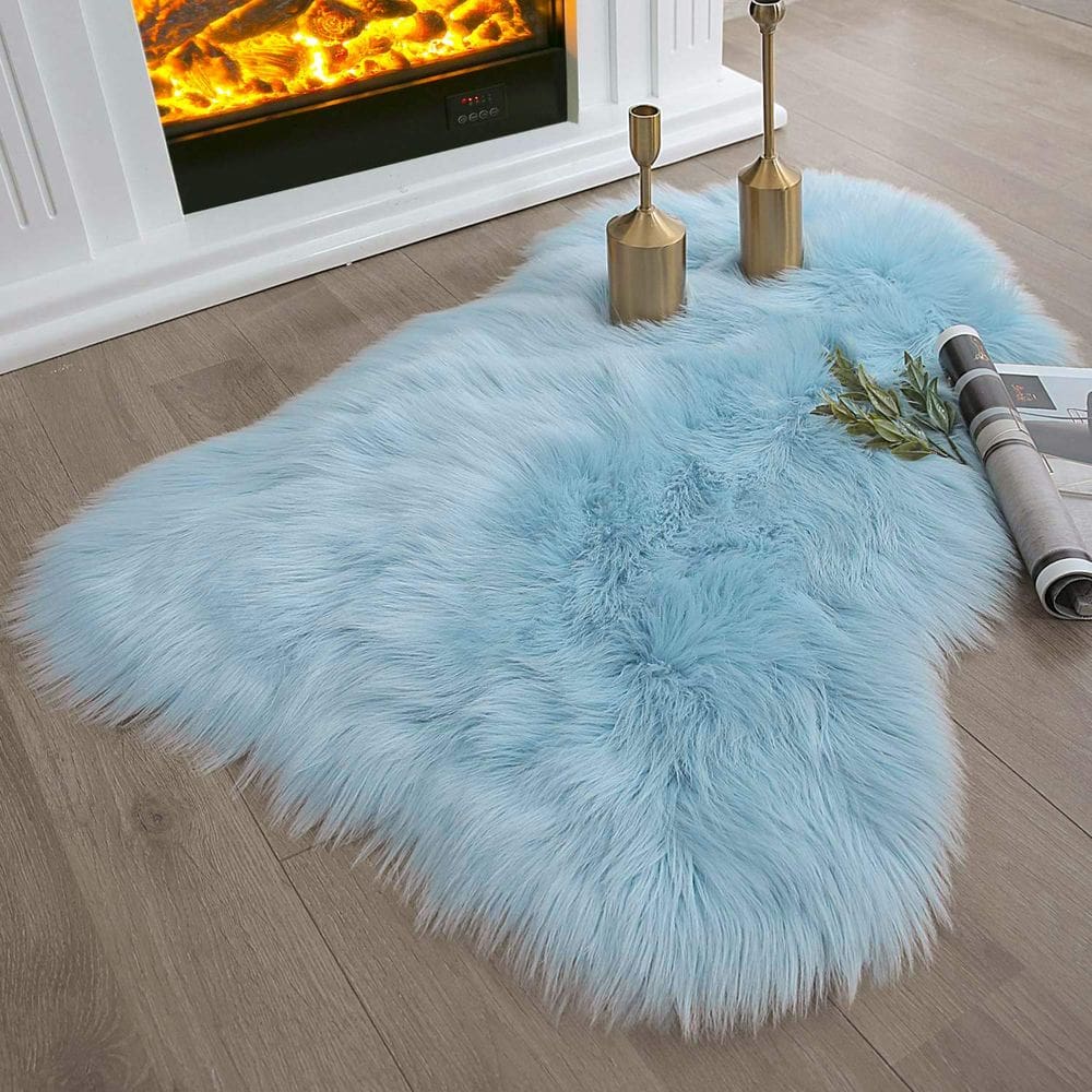 Tapete Ashler Faux Fur Fluffy Shaggy 60x90cm azul claro