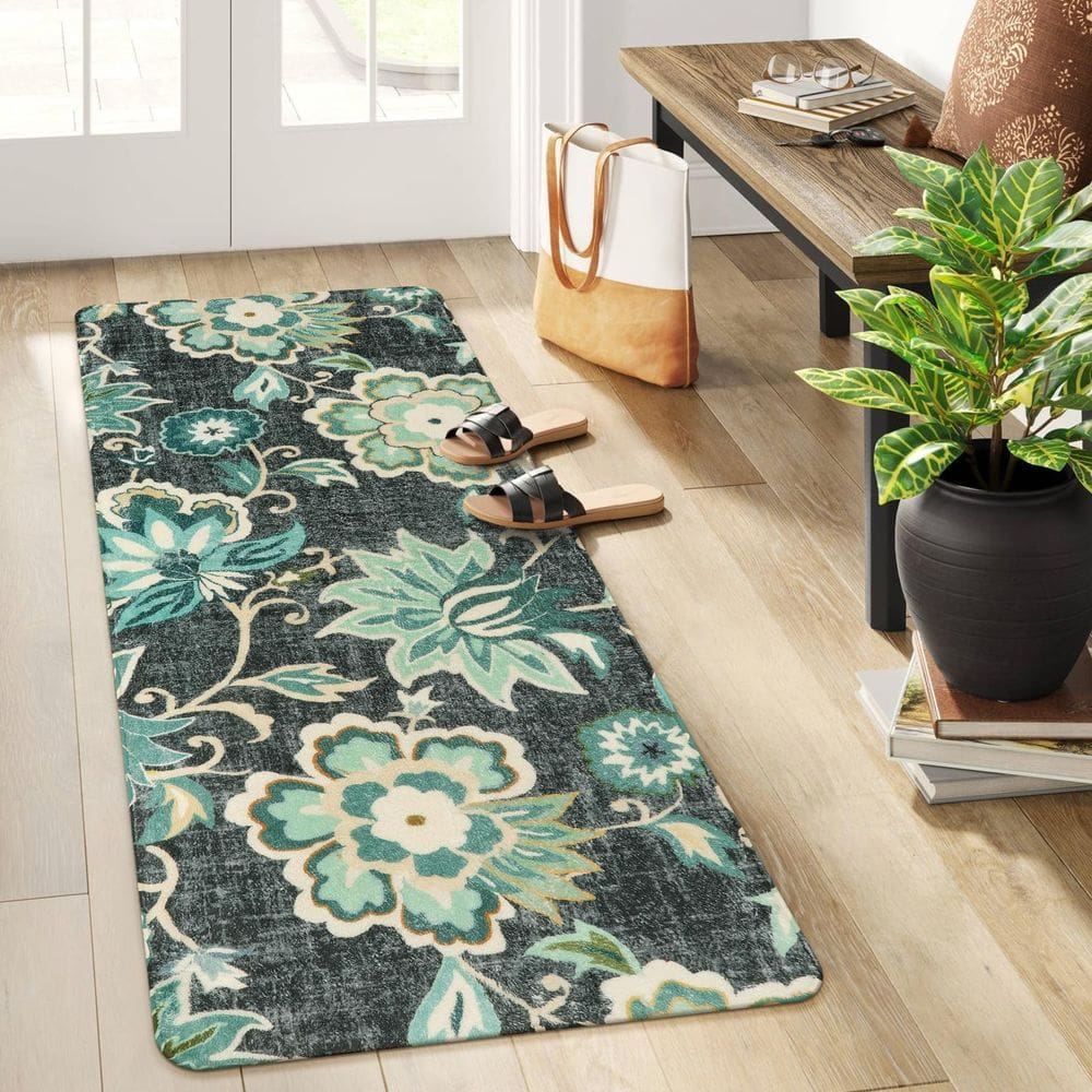 Tapete Runner Lahome Floral 60x150cm Antiderrapante Lavável Azul