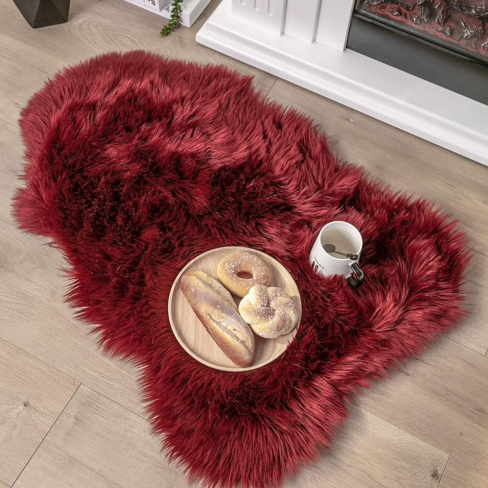 Tapete Ashler Faux Fur Fluffy Shaggy 60x90cm Vermelho Escuro Lavável