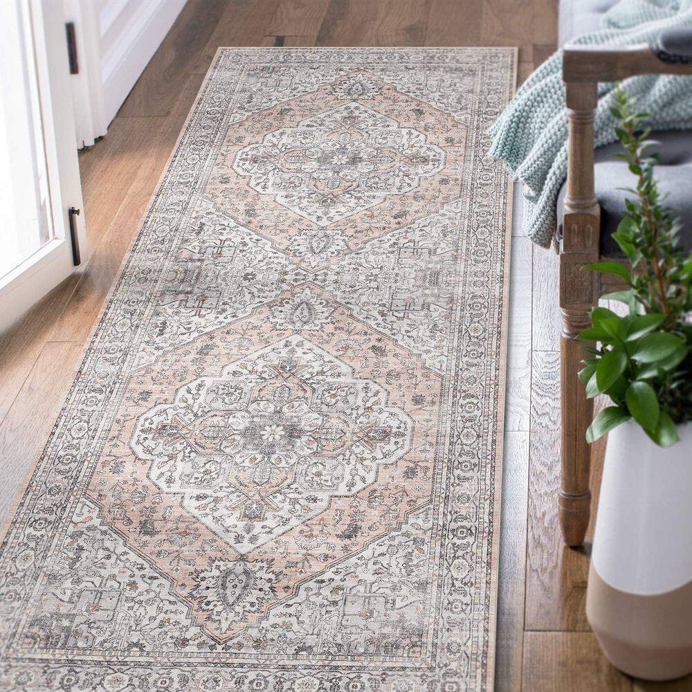 Tapete Runner Jinchan, corredor lavável, 60x150cm, antiderrapante, cinza, rosa