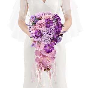 Buquês de casamento Serwalin 28 cm de flores de espuma de seda roxa