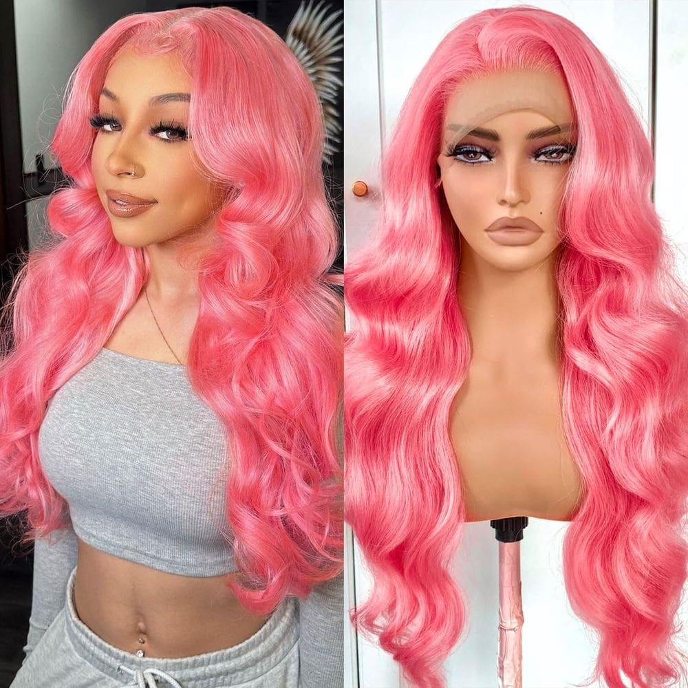 Peruca frontal de renda BOTNNS Pink Human Hair Body Wave 22"