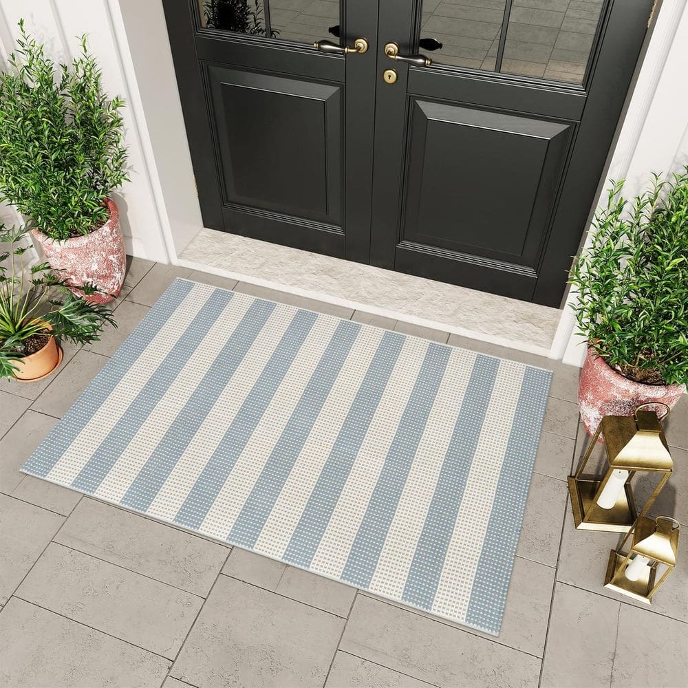 Tapete de exterior OJIA Lavável Azul e Branco 90x150cm Algodão