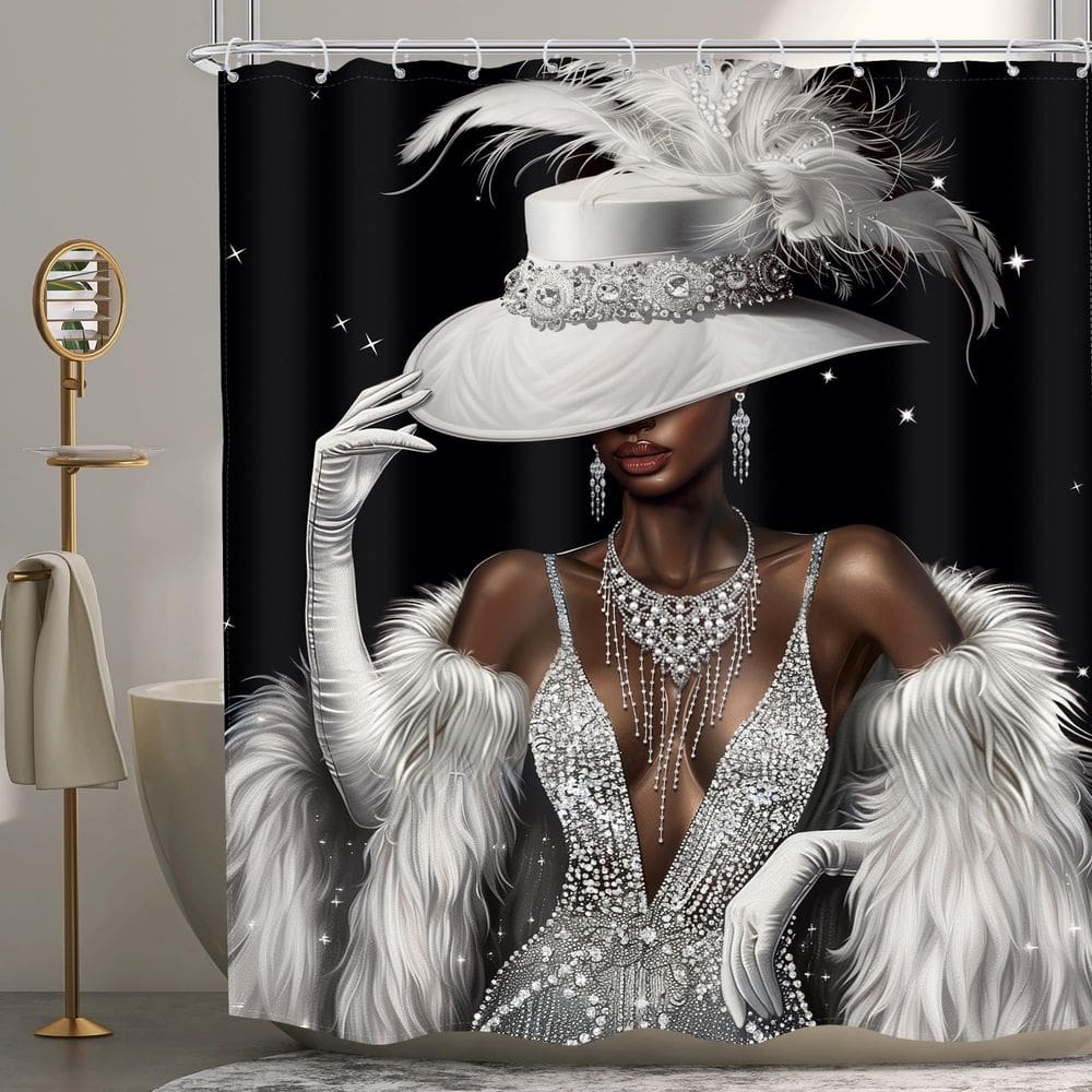 Cortina de chuveiro MESHELLY White Black Girl 180x180cm Poliéster