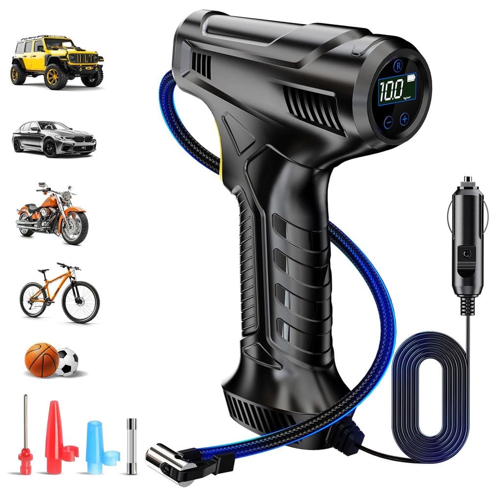Compressor de ar portátil com inflador de pneus 150PSI 12V DC 2,8 m, cabo