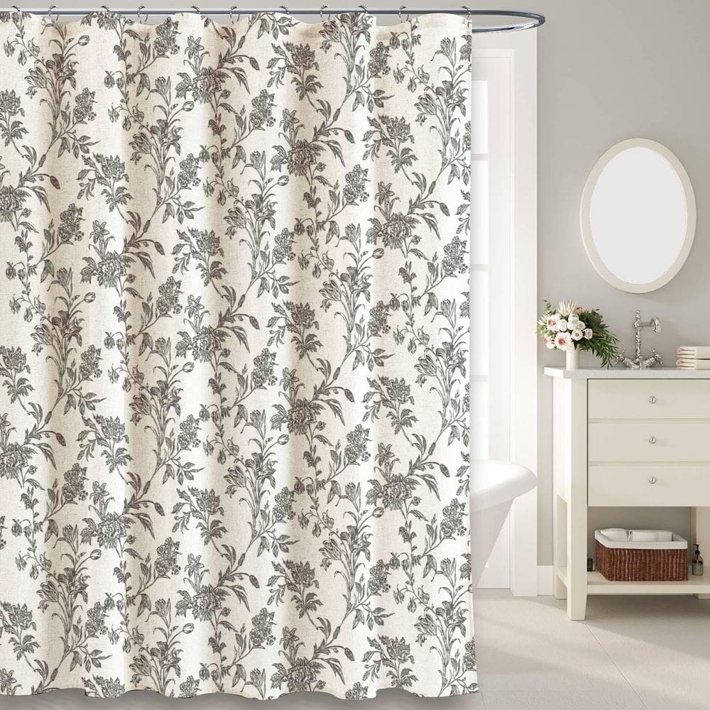Cortina de chuveiro WOUVMA Floral Black Algodão Linho 90x180cm