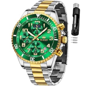 Relógio de pulso OLEVS Chronograph Moon Phase Verde em Aço Inoxidável