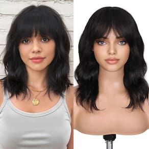 Peruca FAVE Natural Wave com franja de 12", cabelo virgem brasileiro