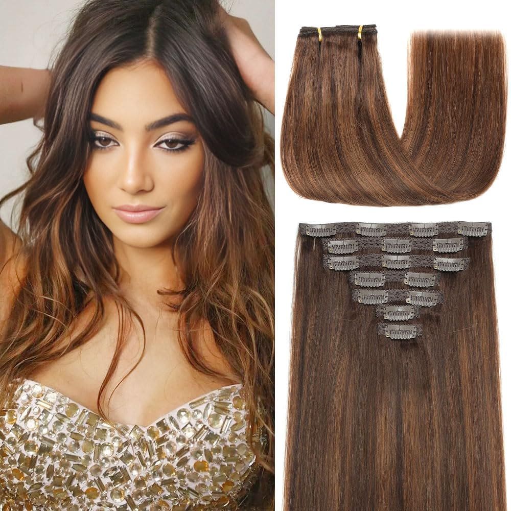 Extensões de cabelo YNSNR Real Human Hair 35 cm Castanho Chocolate