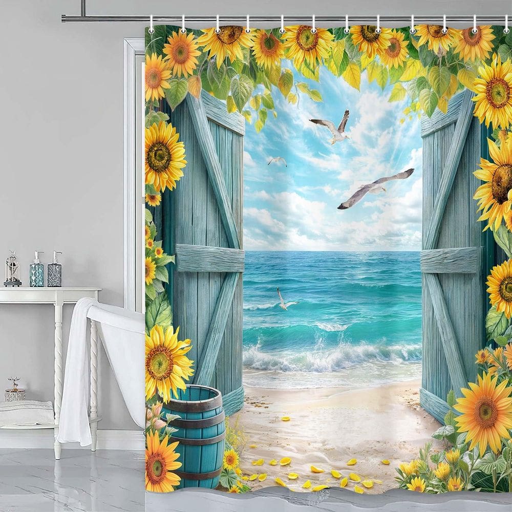 Cortina de chuveiro Grtuspr Blue Beach Barn Door Ocean Coastal