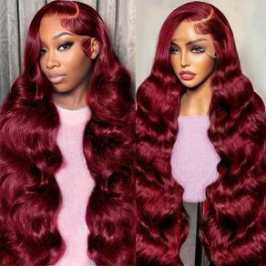 Perucas frontais de renda Sambuity 99J Burgundy Human Hair 66cm