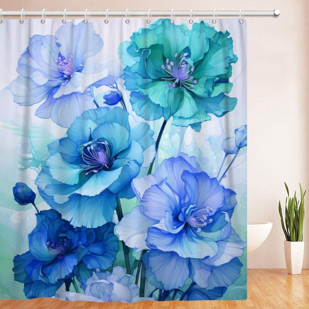 Cortina de chuveiro Uiiooazy Azul Roxa Floral 183x183cm com ganchos