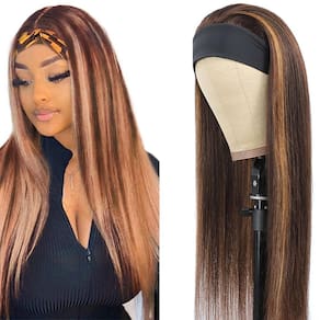 Peruca com faixa de cabeça YiweYowe P430 Destaque cabelo humano castanho 70cm