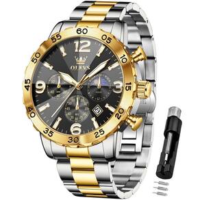 Relógio OLEVS Black Stainless Steel Moon Phase para homens