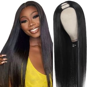 Peruca de cabelo humano U Part Homgoss 200% de densidade, preta natural, 40 cm