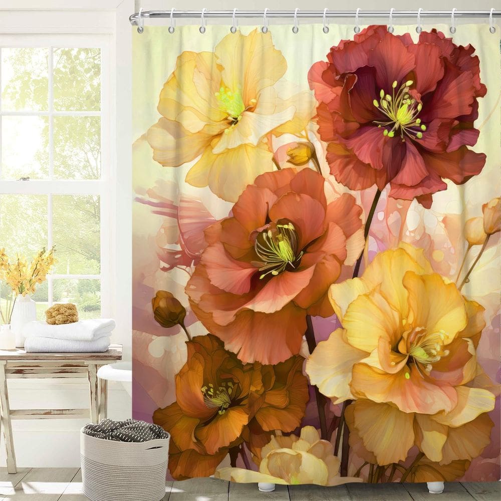 Cortina de chuveiro Uiiooazy Vermelha Amarela Rosa Floral 165x180cm