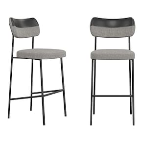 Kit 02 Banquetas Altas Cozinha Lila com Encosto Couríssimo Preto Linho Cinza - Desk Design