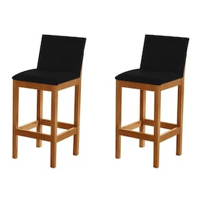 Kit 2 Banquetas Alta Luxo Pérola Com Encosto Estofada Em Veludo Preto Madeira Maciça Castanho