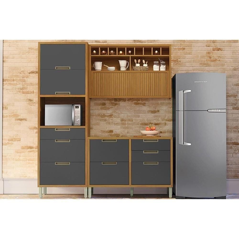 Cozinha Modulada Completa Imperatriz 3 Peças 1 Aéreo + Balcão + 1 Paneleiro C6p43 Freijó Grafite
