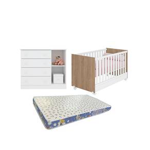 Quarto Infantil com Cômoda e Berço Mini Cama + Colchão Ortobom Branco/Carvalho - Qmovi