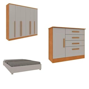CONJUNTO GUARDA ROUPA CASAL COM PUXADOR MDF CAMA CASAL MONACO E CÔMODA CHICAGO ESPRESSO MÓVEIS Cinamomo/Off White