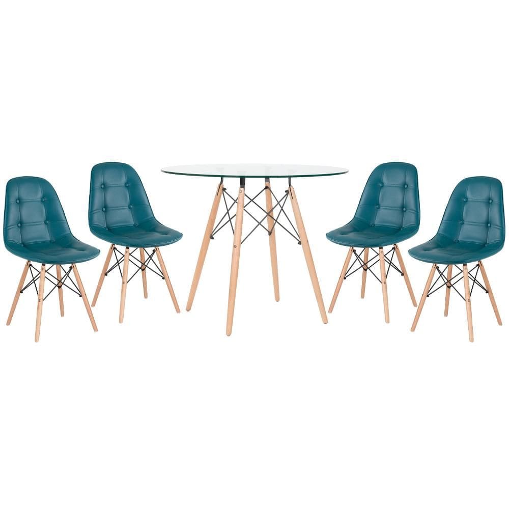 KIT - Mesa de vidro Eames 90 cm + 4 cadeiras Eames Botonê