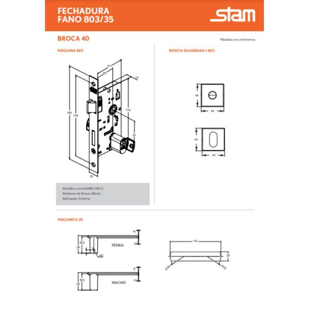 Fechadura Externa Stam 803/35 Preto Fosco Roseta Quadrada
