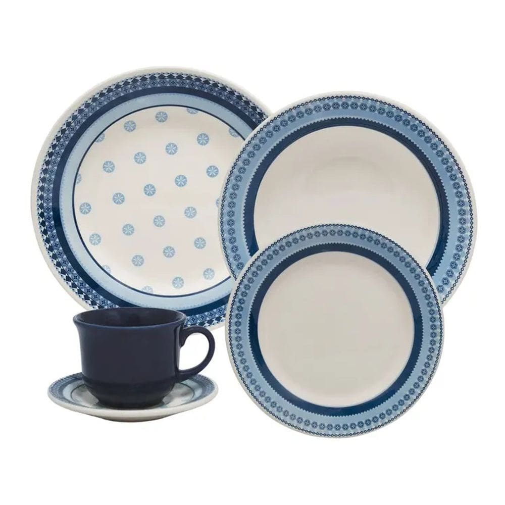 Aparelho de Jantar e Chá 20 Peças Biona Donna Cerâmica Branco e Azul - Usa em Micro-ondas e Lava-louças