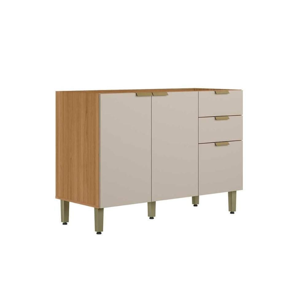 Balcão de Cozinha Selena c/ 3 Porta e 2 Gavetas s/ Tampo 120cm Jequitiba/Off White Fosco - Linea Brasil