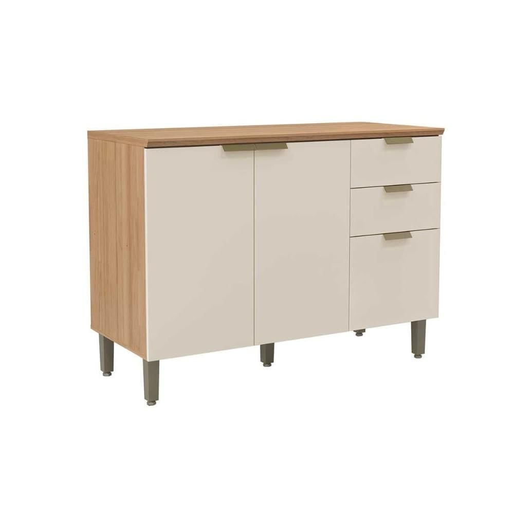 Gabinete de Cozinha Modulado c/ Tampo Selena c/ 3 Porta e 2 Gavetas 120cm Jequitiba/Off White Fosco - Linea Brasil