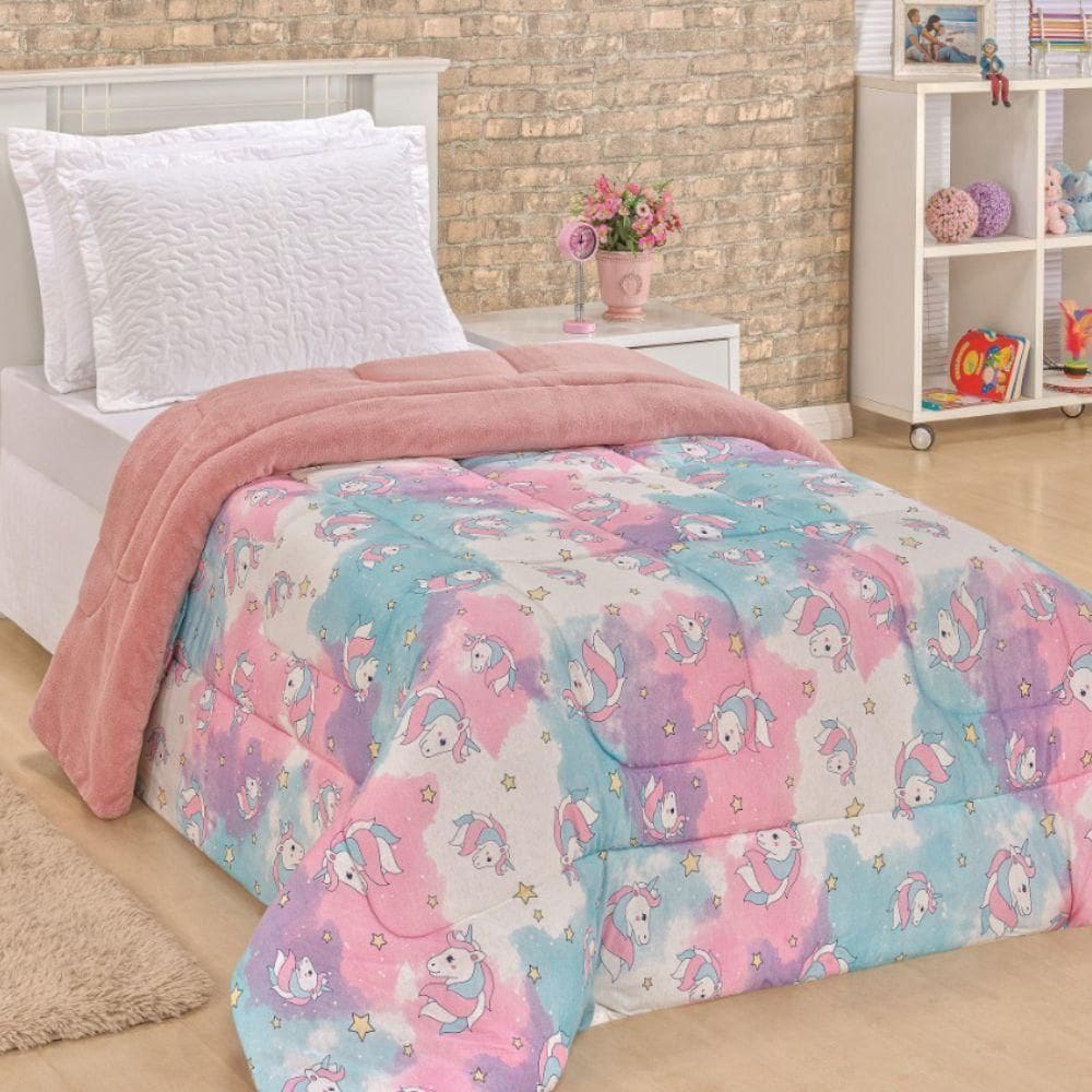 Coberdrom Edredom Unicórnio Solteiro Dupla Face Malha Manta Soft Rosa