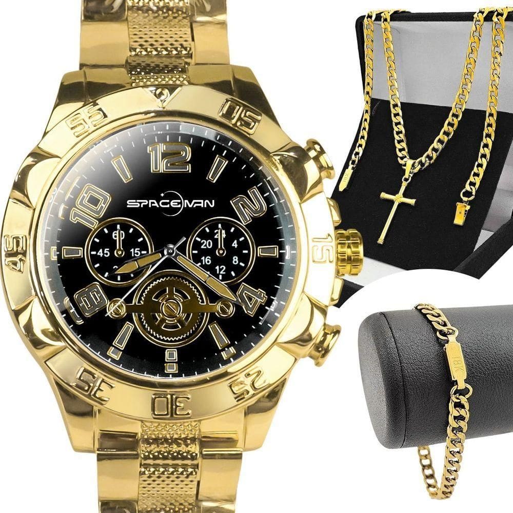 Relogio Masculino Dourado Prova Dagua + Cordão + Crucifixo Pesado autêntico Qualidade Premium Grande