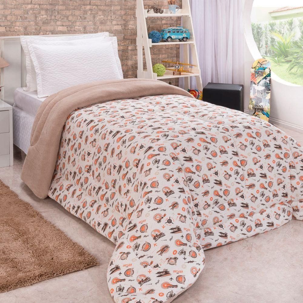 Coberdrom Edredom Avião Solteiro Dupla Face Malha Manta Soft Bege