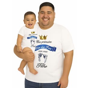 Camiseta Meu Primeiro Dia Dos Pais e Body Bebê Pezinho Azul Papai Tamanho Plus Size
