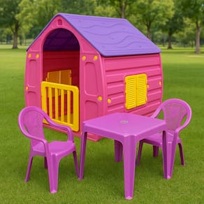 Casinha Brinquedo Minnie Magic House Rosa com Conjunto Mesa 45x45 e 2 Cadeiras Teddy Decoradas Infantil Playground