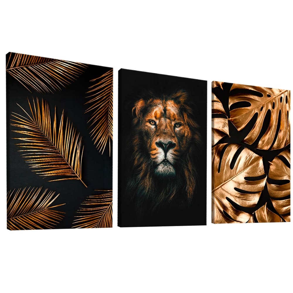 Quadro Decorativo Trio Leão e Folhagem