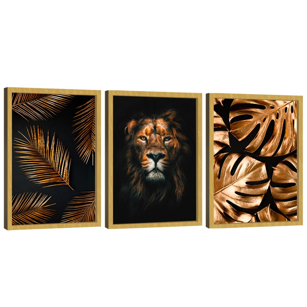 Quadro Decorativo Trio Leão e Folhagem
