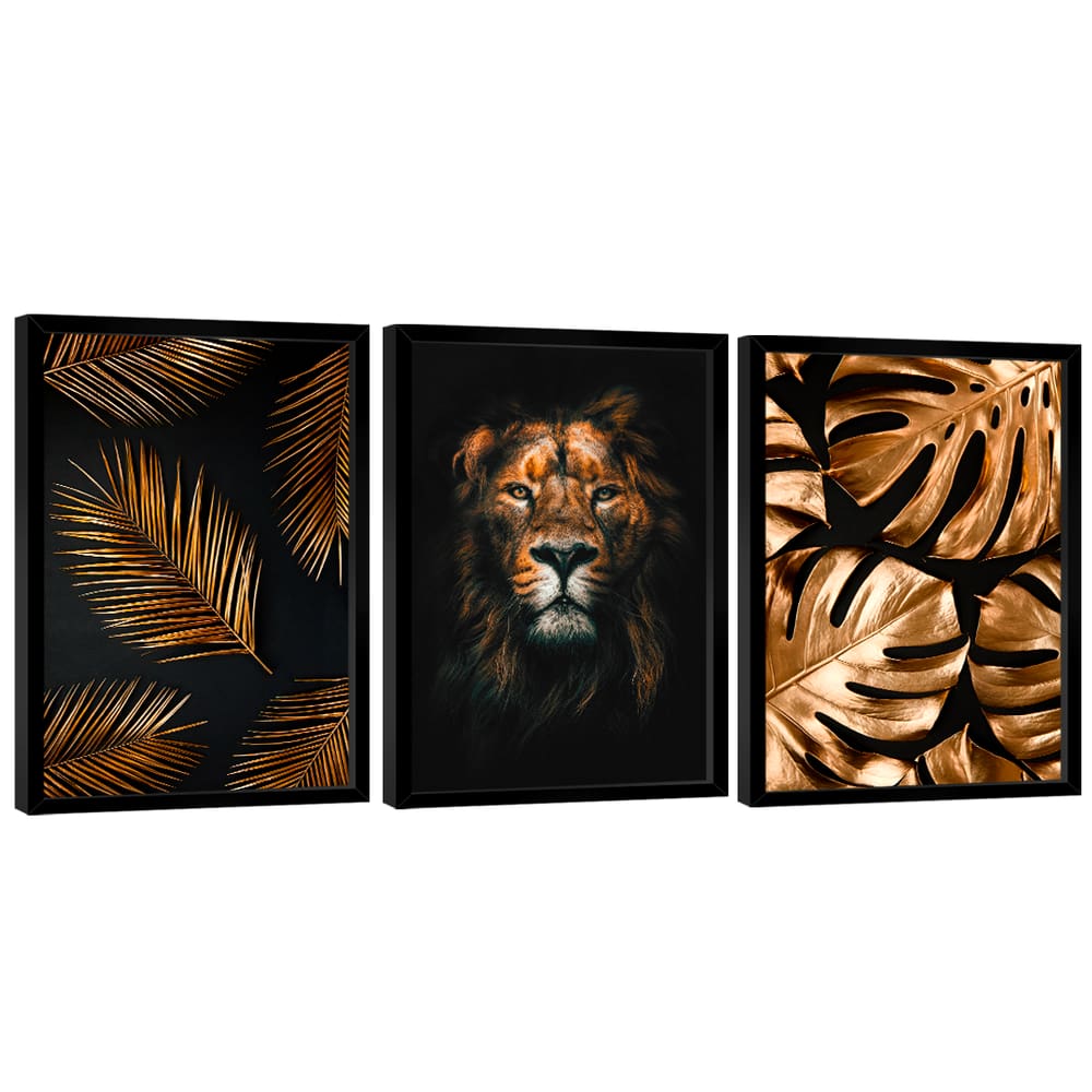 Quadro Decorativo Trio Leão e Folhagem