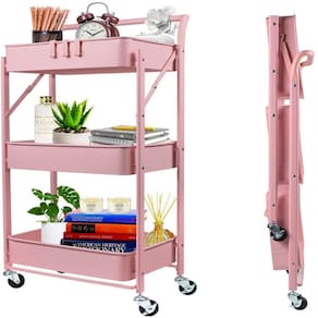 Carrinho Multiuso Organizador 3 Prateleiras Dobravel Aco Rosa Quarto Sala Brinquedos Salao Manicure Varanda