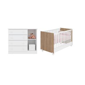 Quarto Infantil com Cômoda e Berço Mini Cama Branco/Carvalho - Qmovi