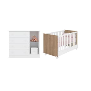 Kit Berço Mini Cama + Cômoda Carvalho Rústico Branco - Qmovi