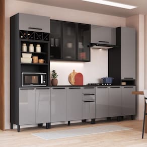 Cozinha Modulada Completa Fidelitá Mônaco 6 Peças 320cm 14 Portas 2 Gavetas Com Tampo Cinza/Titânio
